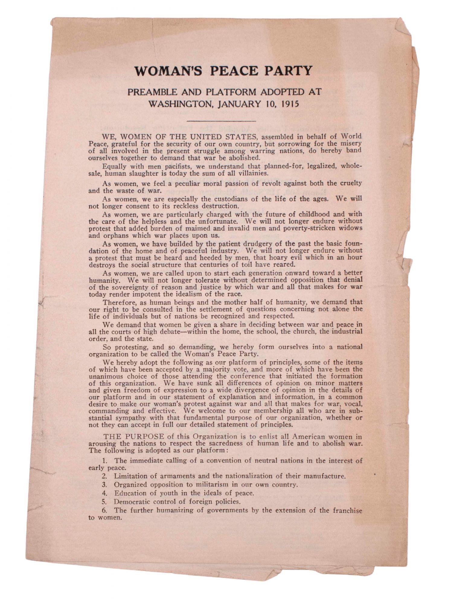 Woman's Peace Party preamble and platform, Washington, January 1915